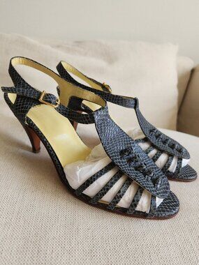 Mishka Dark Gray Crocodile Leather Strappy Heels - Sz 9
